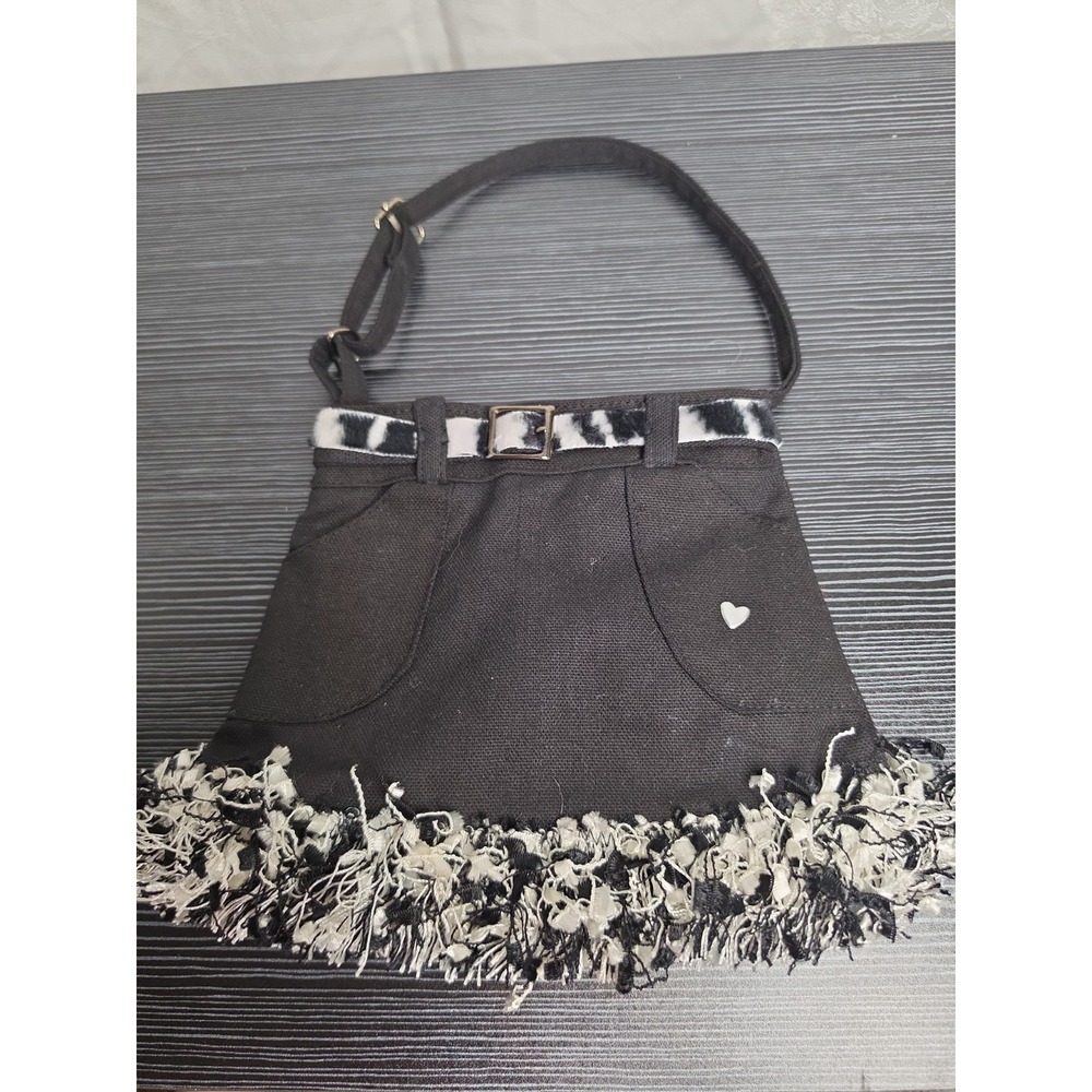 Vintage Y2K Skirt Purse Black Canvas Mini Skirt Bag Goth Grunge Fringed Novelty